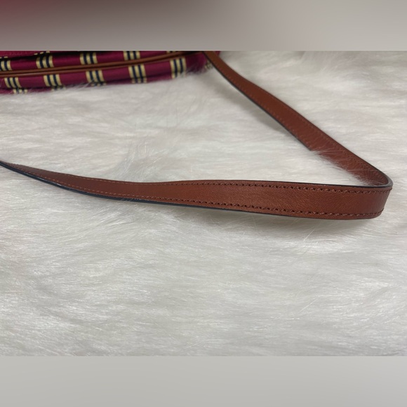 Brooks Brothers Brown Leather Red Multi Striped Fabric Crossbody Bag Purse - Picture 11 of 16
